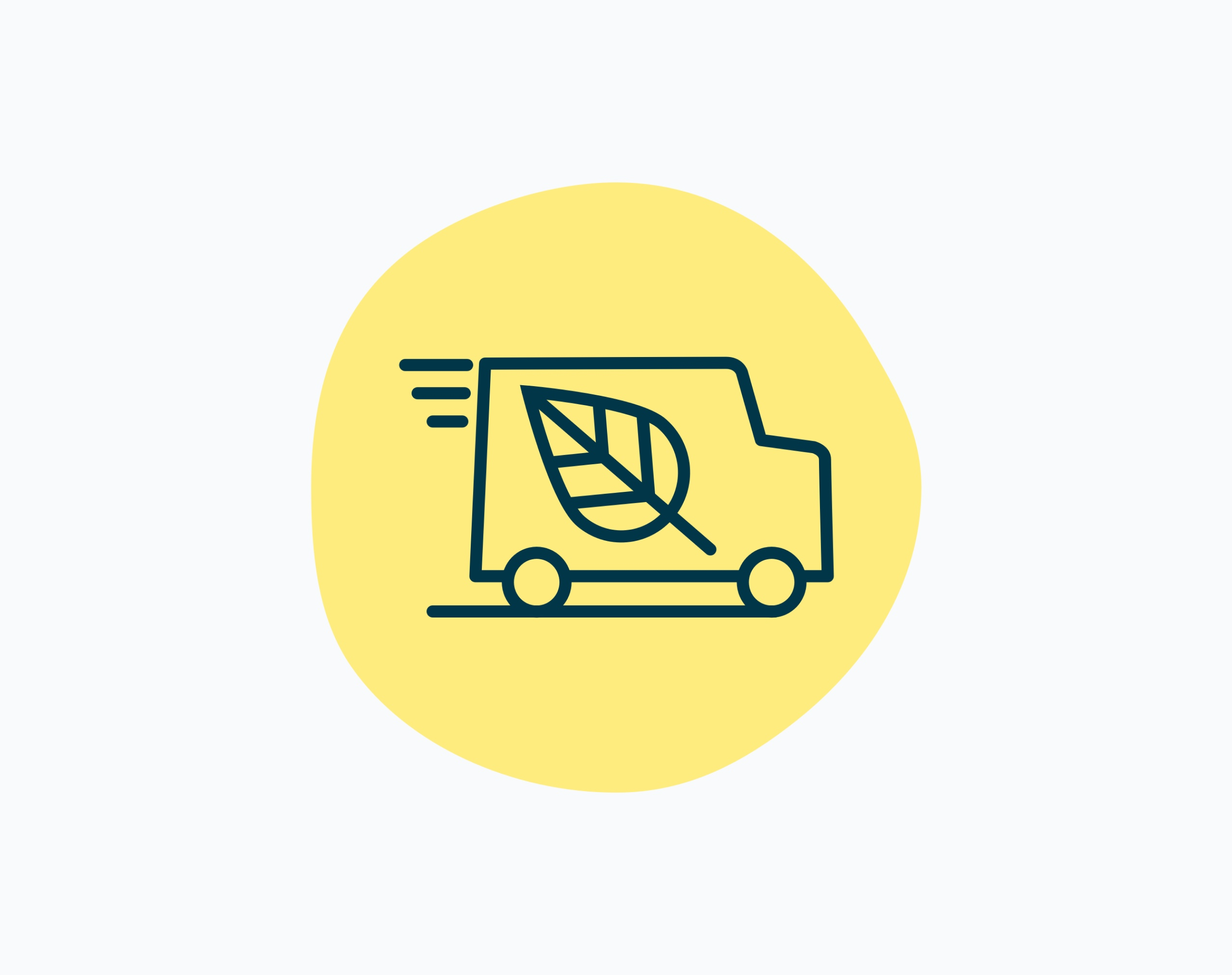 Icon of a shipping truck driving with a leaf on it inside of a yellow circle